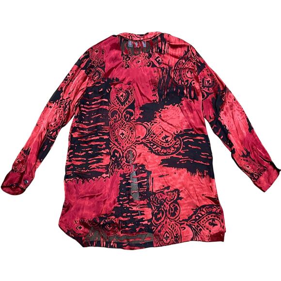 Vintage Silk Blend Chico's Red Black Burn Out Collared Button Up Blouse Size 2/L - Picture 5 of 5